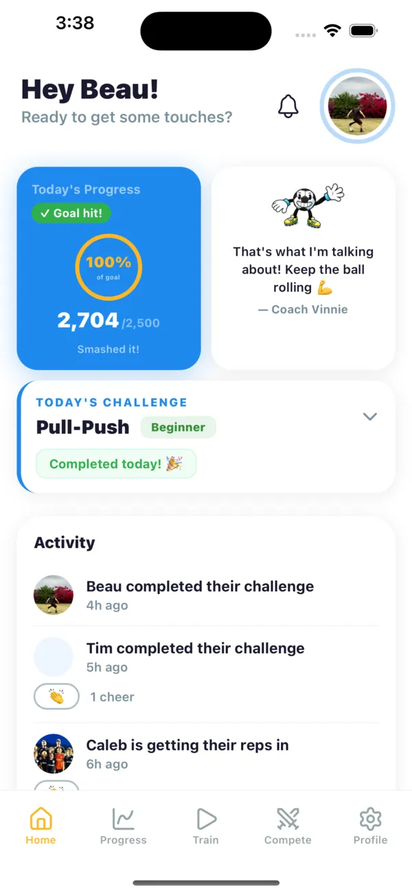 Master Touch home screen showing a hit daily soccer touch goal, Coach Vinnie, and team activity feed