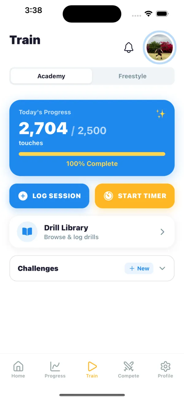 Train tab with session logging, timer, drill library, and daily soccer challenge